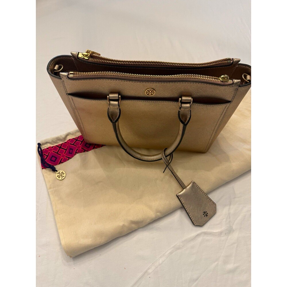 Tory Burch Metallic Gold Satchel Top Handle Medium Zip Bag w/ Strap & Dust Bag